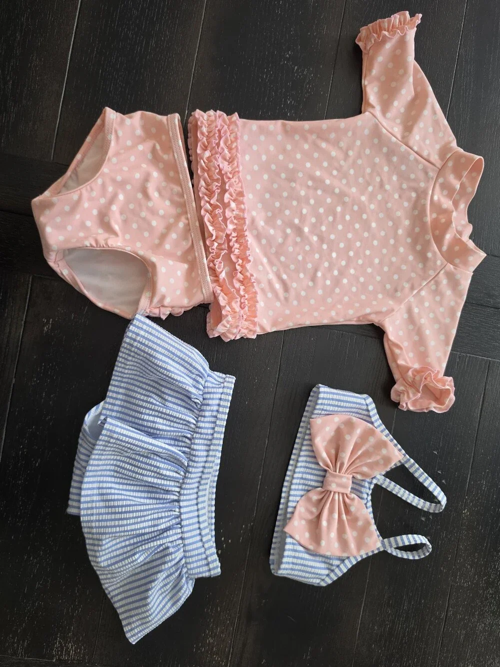 Ruffle Butts Pink Polka Dot Ruffle Swim Set with Blue Striped Skirt & Bow